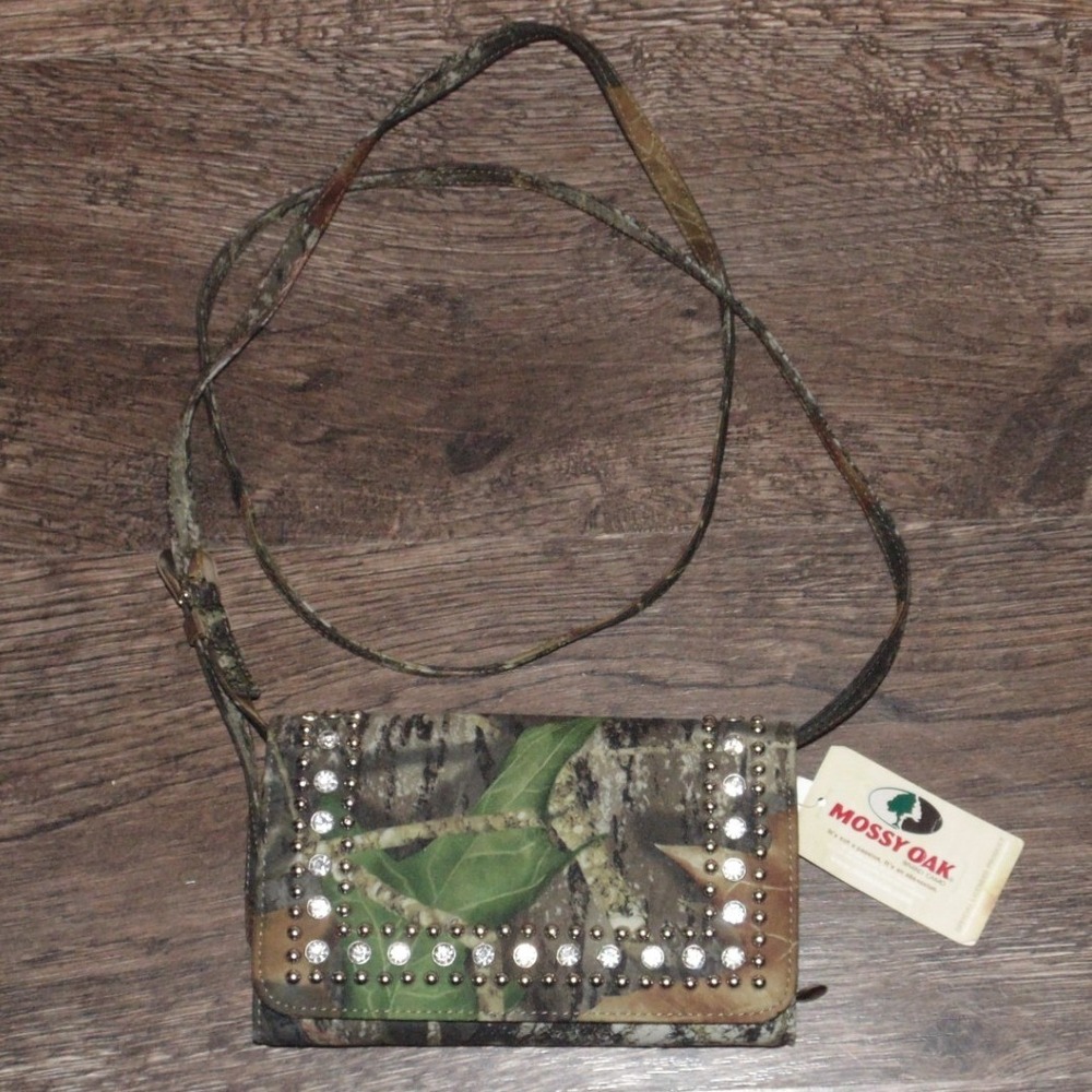 Mossy Oak Crossbody Wallet Purse Womens OS Green Camo New Rhinestone Studded